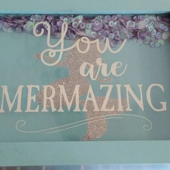 You Are Mermazing Mermaid Blue Wood with Sequins in Glass Top Jewelry Box - Picture 5 of 17